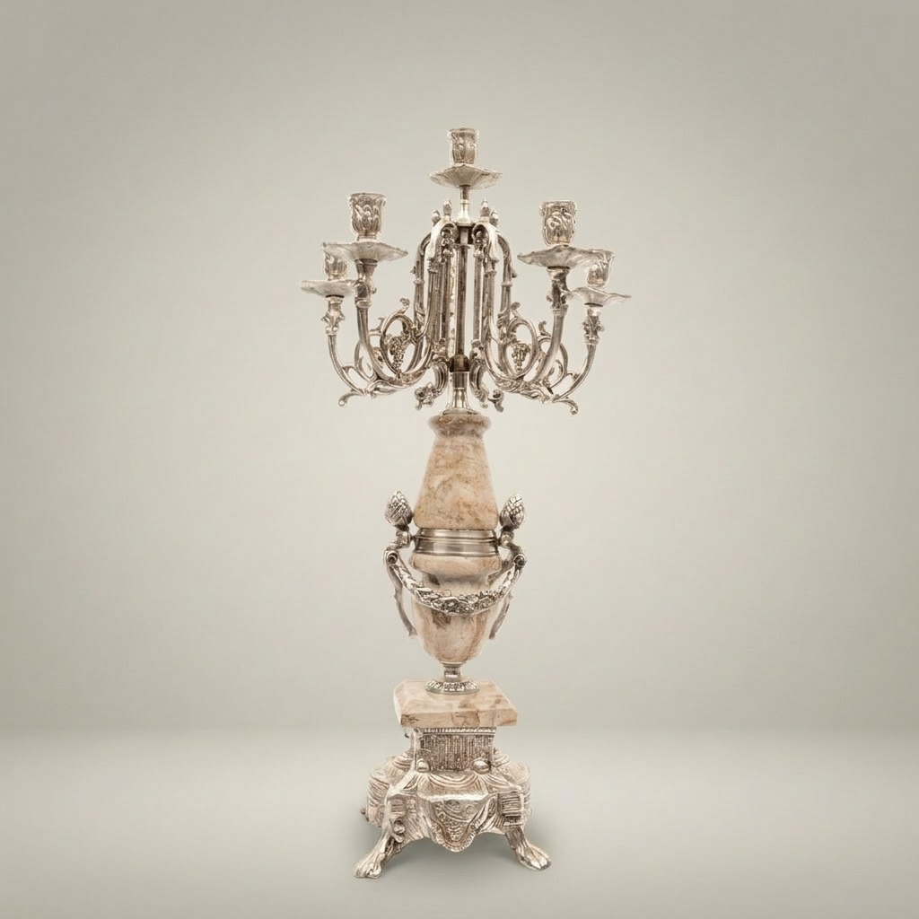 Neoclassical Five-Arm Candelabra with Marble Column & Ornate Brass Base — Silver