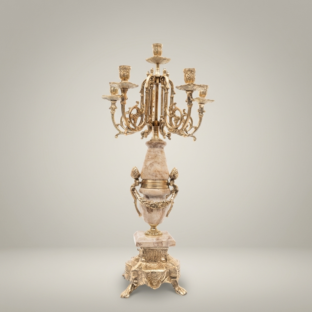 Neoclassical Five-Arm Candelabra with Marble Column & Ornate Brass Base — Antique Gold