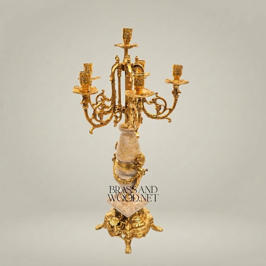 Neoclassical Five-Arm Candelabra with Marble Column & Ornate Brass Base