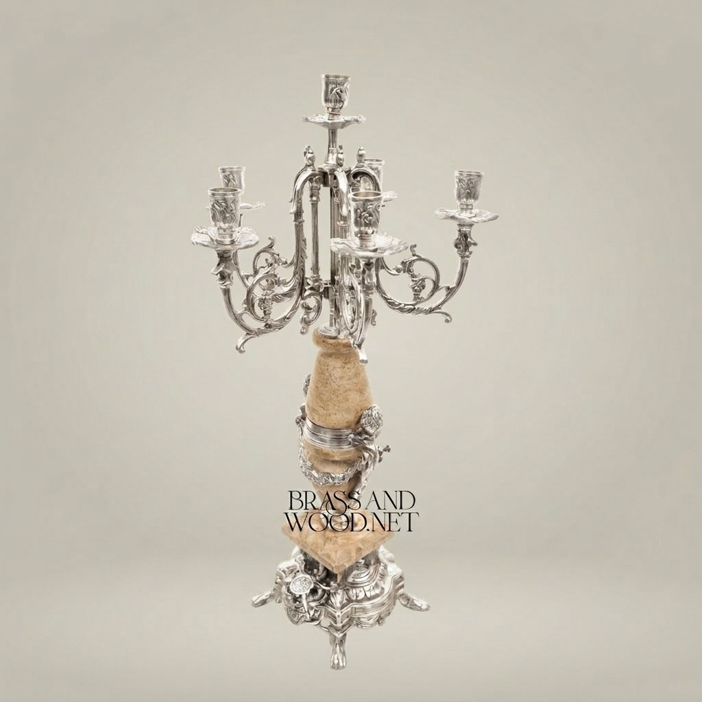 Neoclassical Five-Arm Candelabra with Marble Column & Ornate Brass Base — Silver