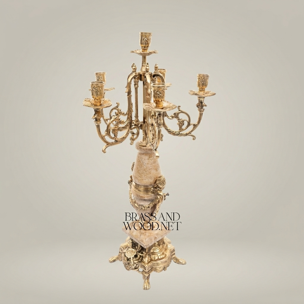 Neoclassical Five-Arm Candelabra with Marble Column & Ornate Brass Base — Antique Gold