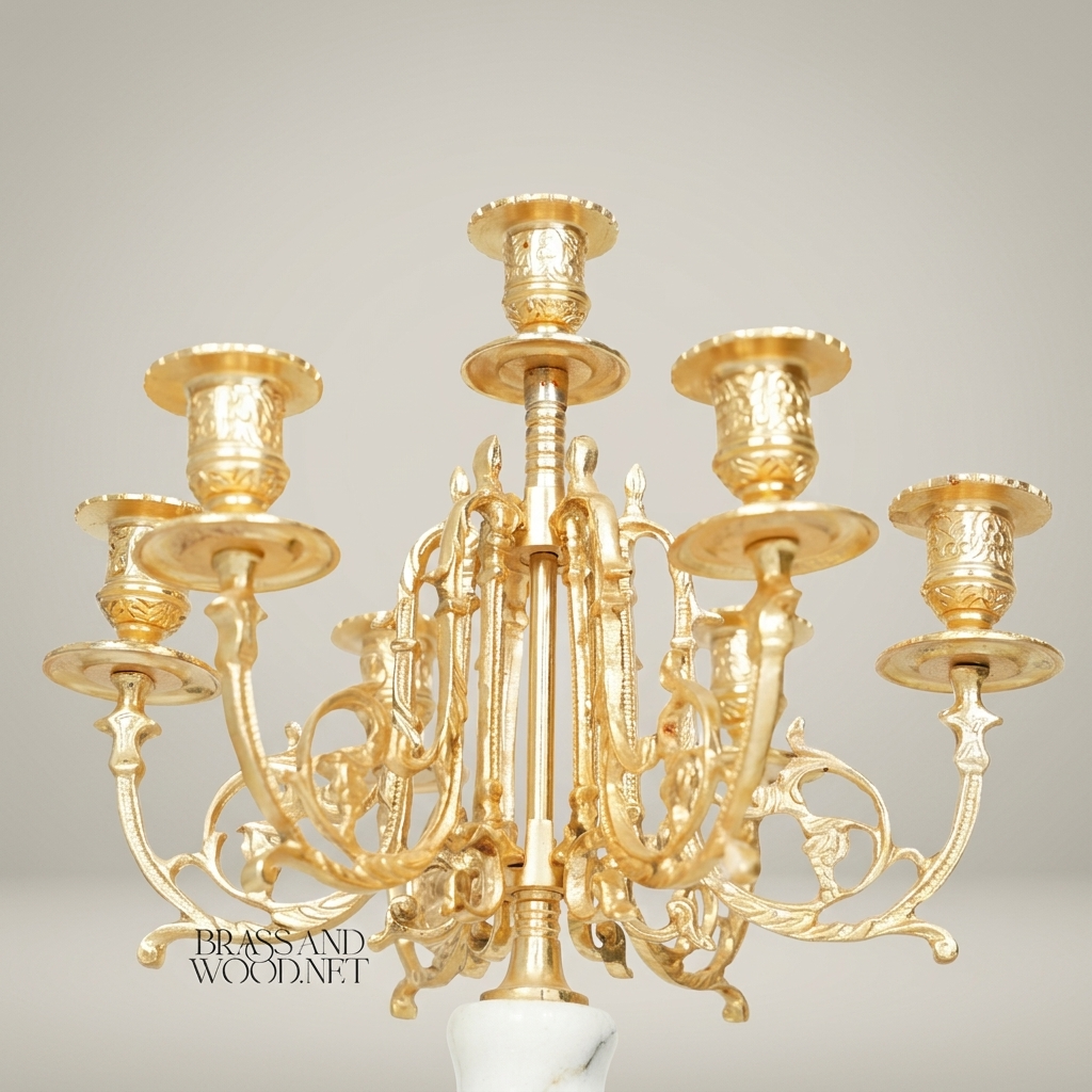 Neoclassical Five-Arm Candelabra with White Marble Urn Column and Ornate Brass Crown