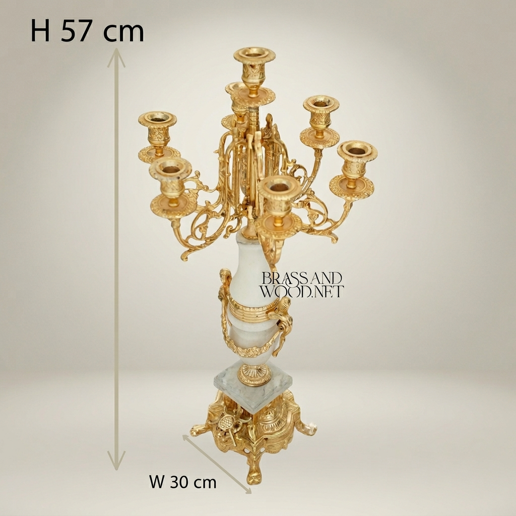 Neoclassical Five-Arm Candelabra with White Marble Urn Column and Ornate Brass Crown