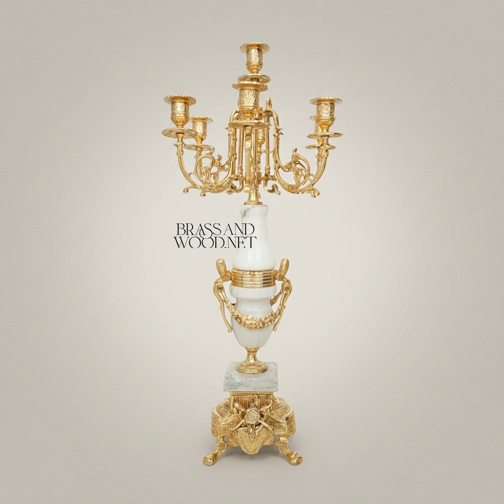 Neoclassical Five-Arm Candelabra with White Marble Urn Column and Ornate Brass Crown