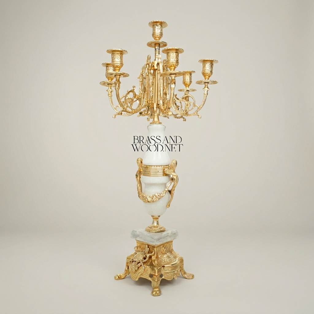 Neoclassical Five-Arm Candelabra with White Marble Urn Column and Ornate Brass Crown