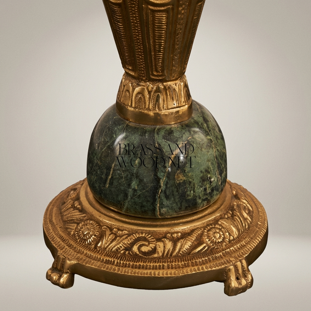Neoclassical Gilt Brass & Green Marble Garniture Set - Lyre Clock with Five-Arm Candelabra — Antique Gold