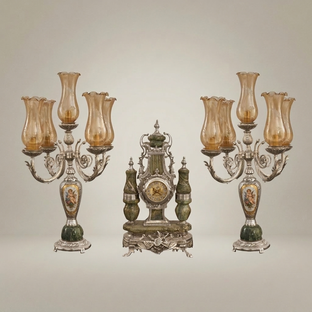 Neoclassical Gilt Brass & Green Marble Garniture Set - Lyre Clock with Five-Arm Candelabra — Silver