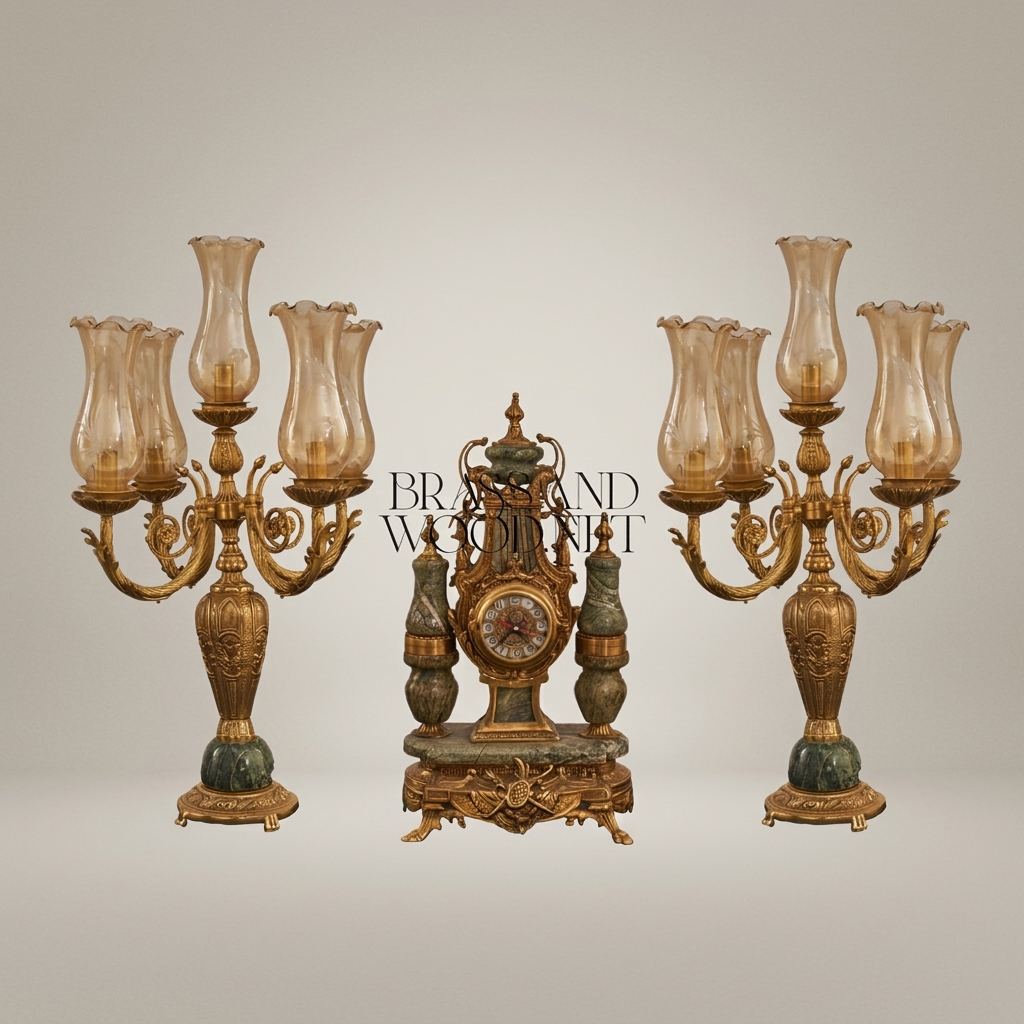 Neoclassical Gilt Brass & Green Marble Garniture Set - Lyre Clock with Five-Arm Candelabra — Antique Gold