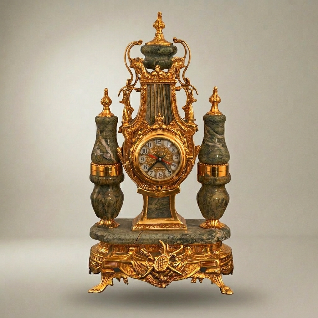 Neoclassical Gilt Brass & Green Marble Garniture Set - Lyre Clock with Five-Arm Candelabra — Gold