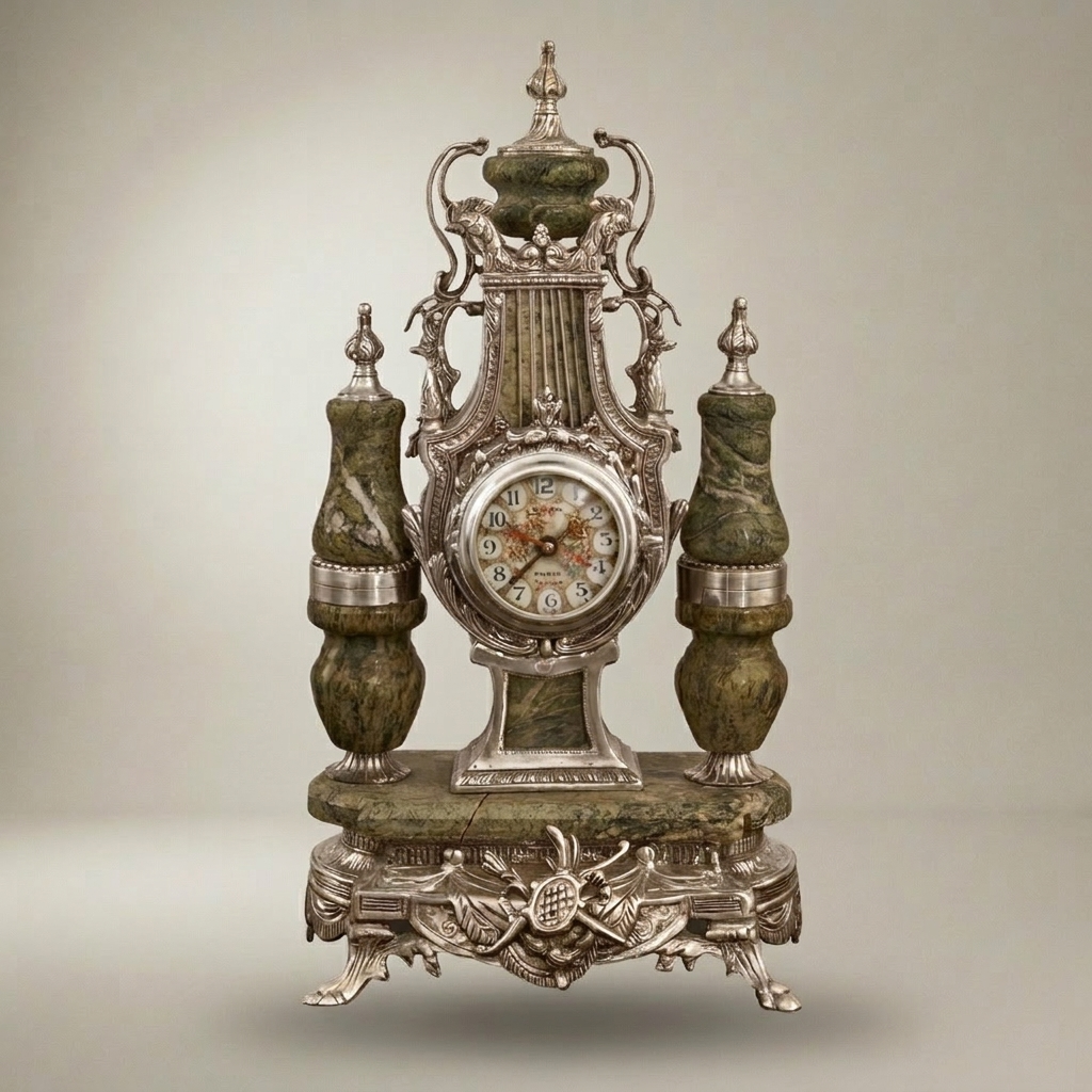 Neoclassical Gilt Brass & Green Marble Garniture Set - Lyre Clock with Five-Arm Candelabra — Silver