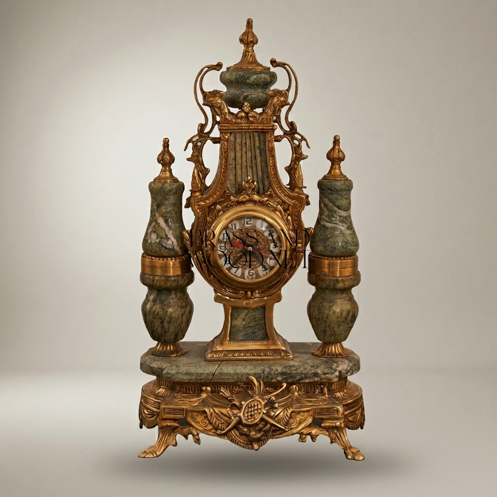 Neoclassical Gilt Brass & Green Marble Garniture Set - Lyre Clock with Five-Arm Candelabra — Antique Gold