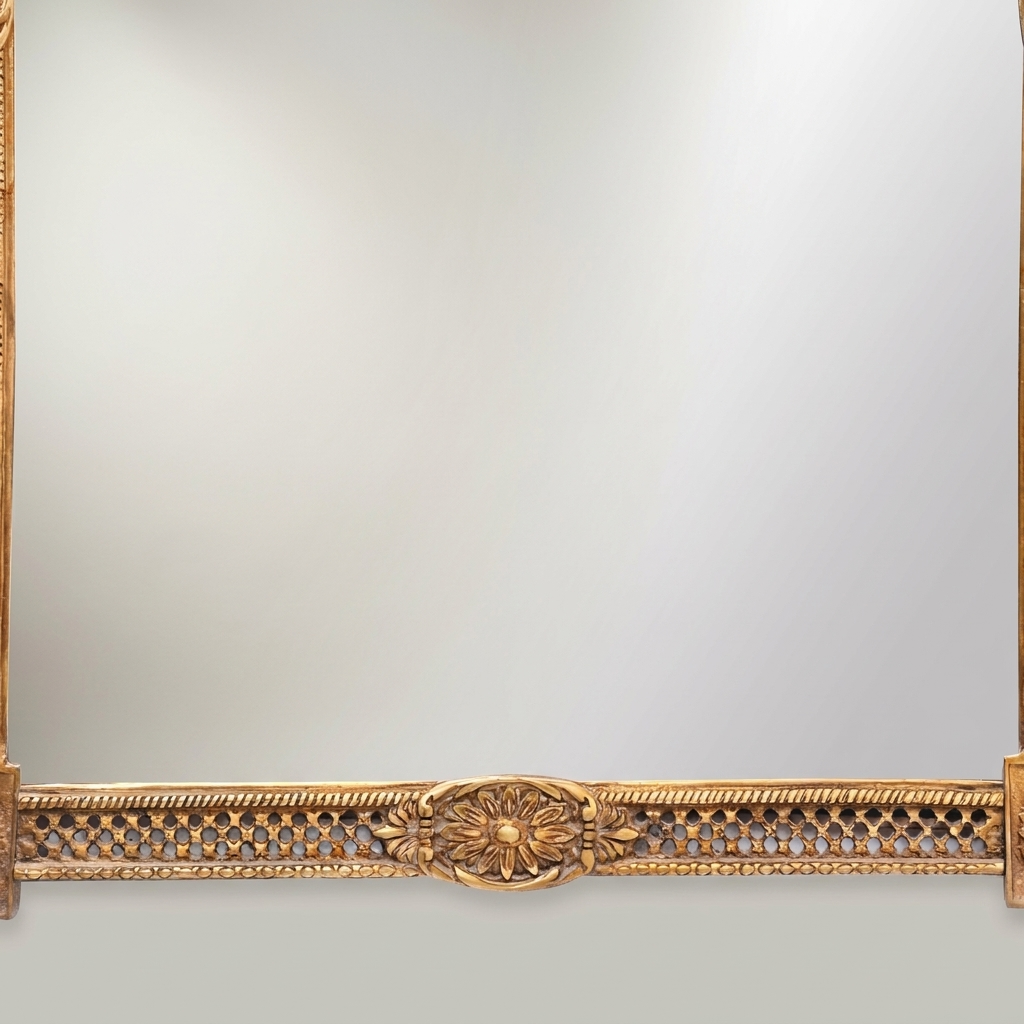 Neoclassical Hand-Carved Wall Mirror with Floral Swag Pediment & Reticulated Frame