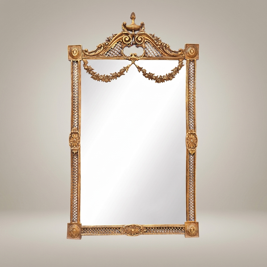 Neoclassical Hand-Carved Wall Mirror with Floral Swag Pediment & Reticulated Frame