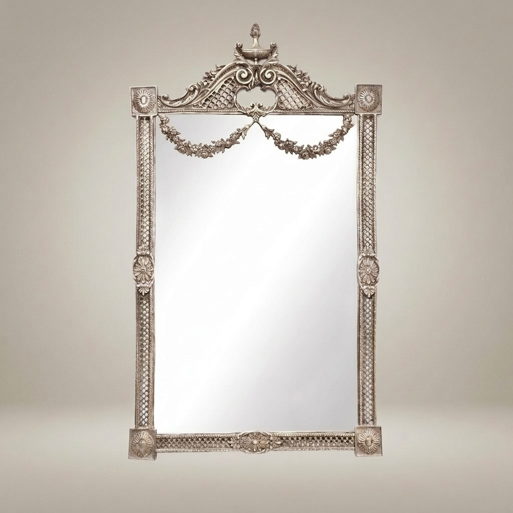 Neoclassical Hand-Carved Wall Mirror with Floral Swag Pediment & Reticulated Frame — Silver