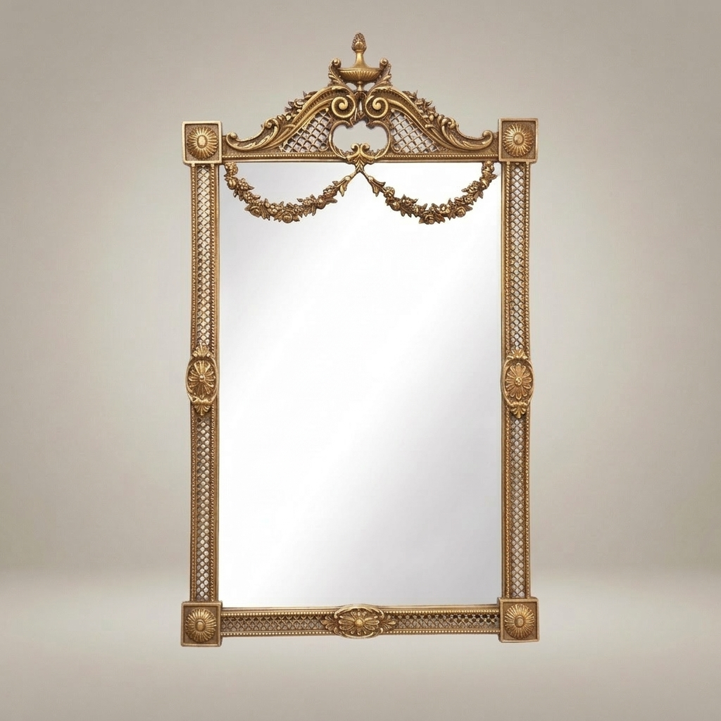 Neoclassical Hand-Carved Wall Mirror with Floral Swag Pediment & Reticulated Frame — Antique Gold
