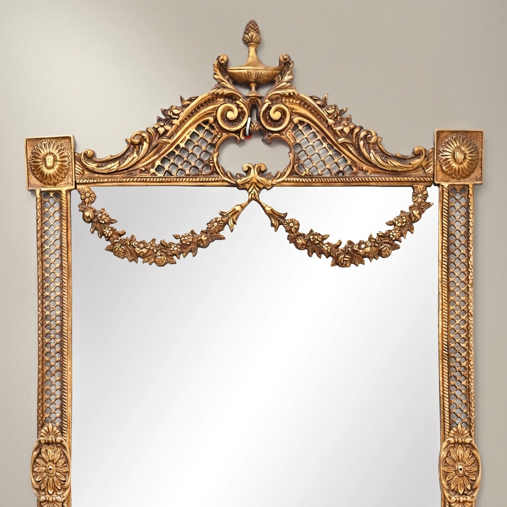 Neoclassical Hand-Carved Wall Mirror with Floral Swag Pediment & Reticulated Frame — Gold