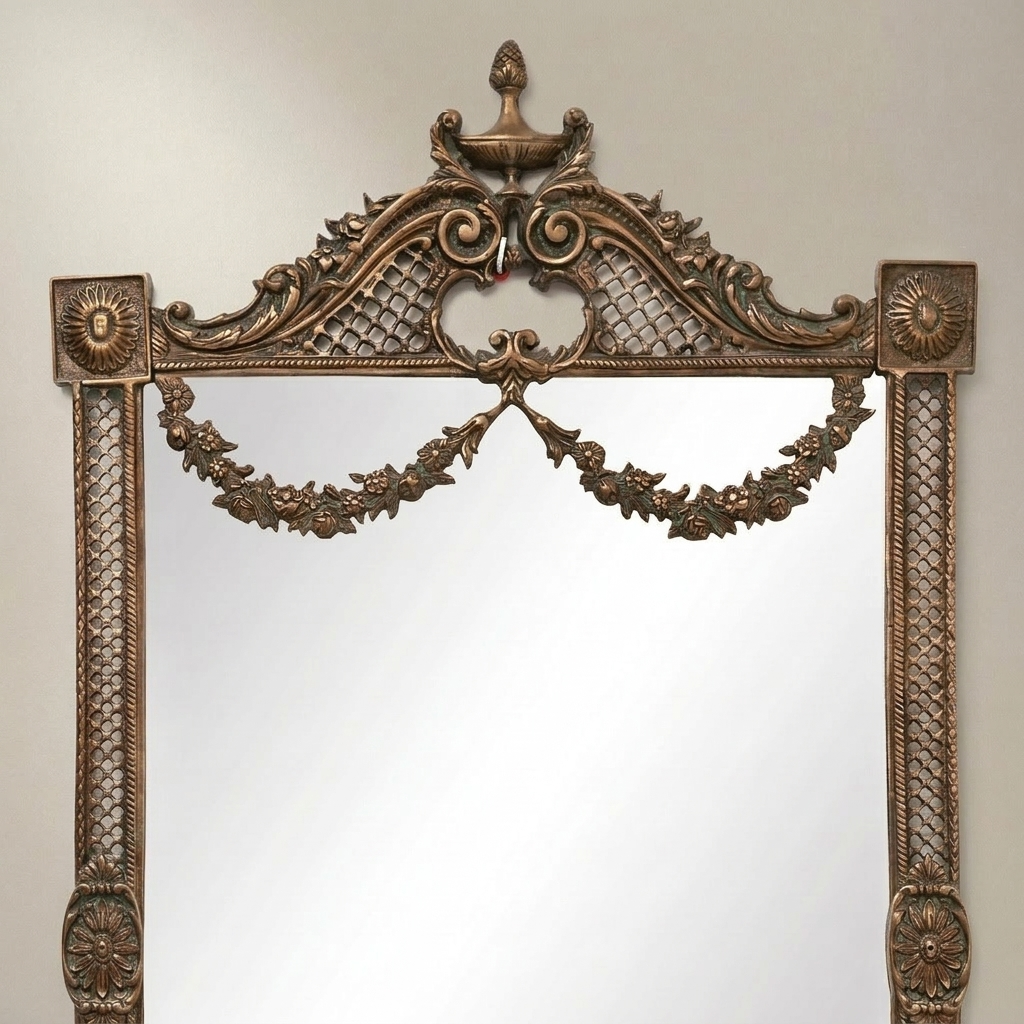 Neoclassical Hand-Carved Wall Mirror with Floral Swag Pediment & Reticulated Frame — Antique Gold