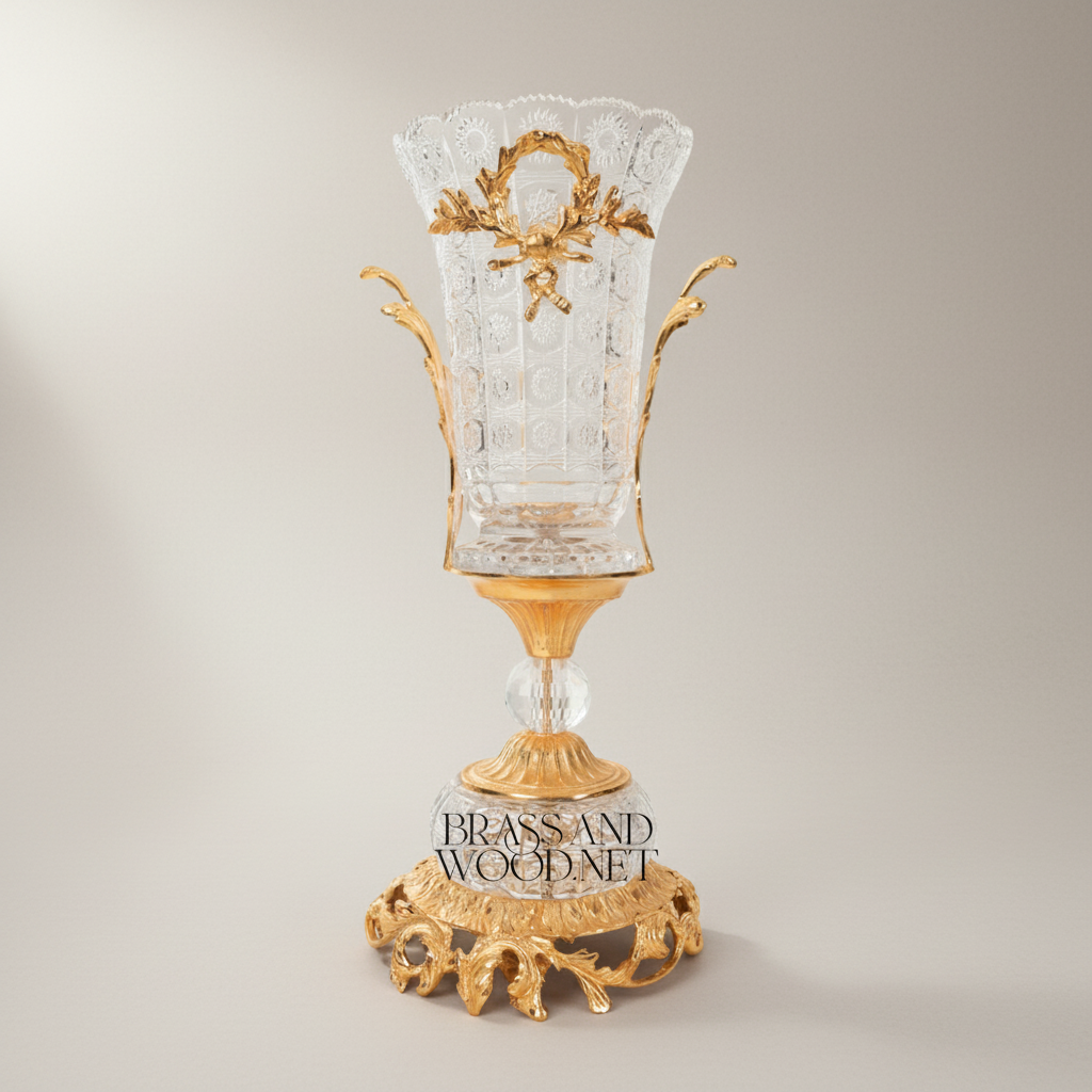 Neoclassical Hand-Cut Crystal & Brass 3-Piece Garniture Set with Laurel Wreath Mounts
