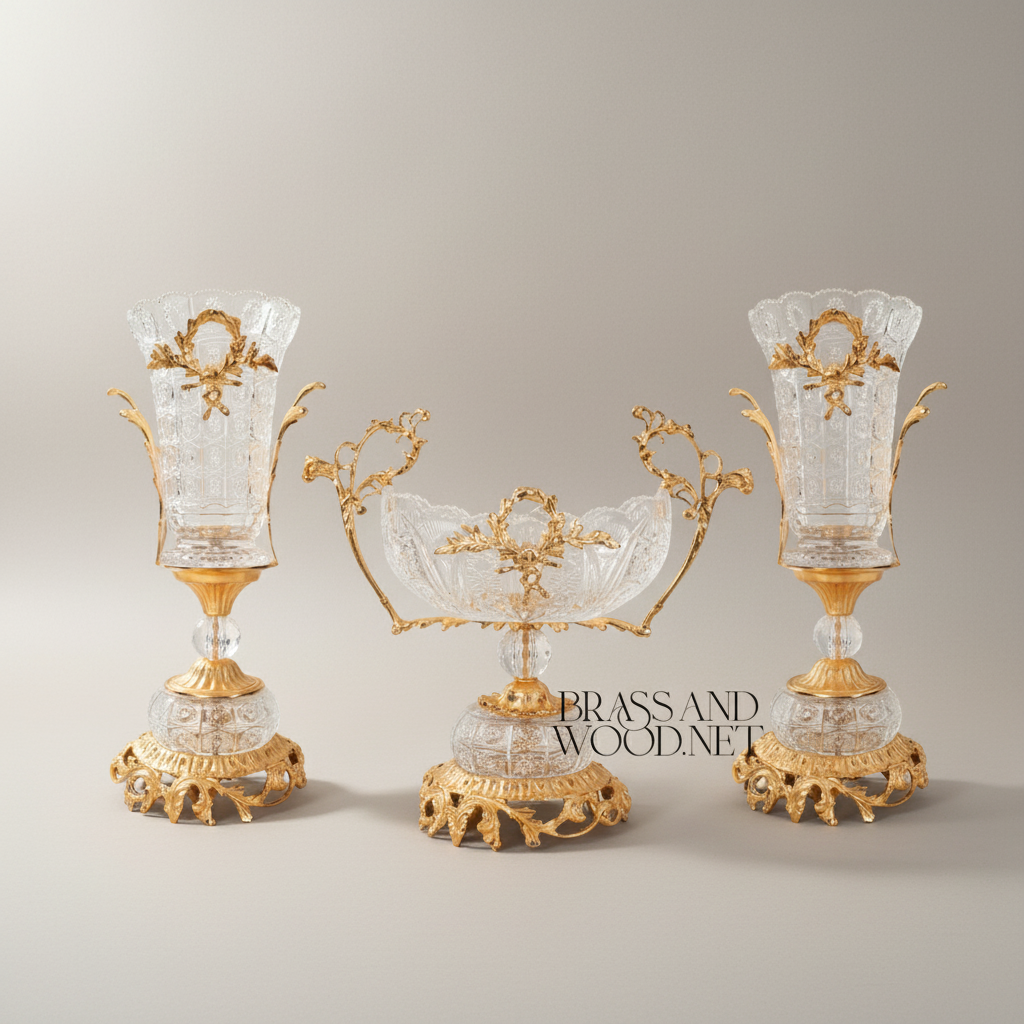 Neoclassical Hand-Cut Crystal & Brass 3-Piece Garniture Set with Laurel Wreath Mounts