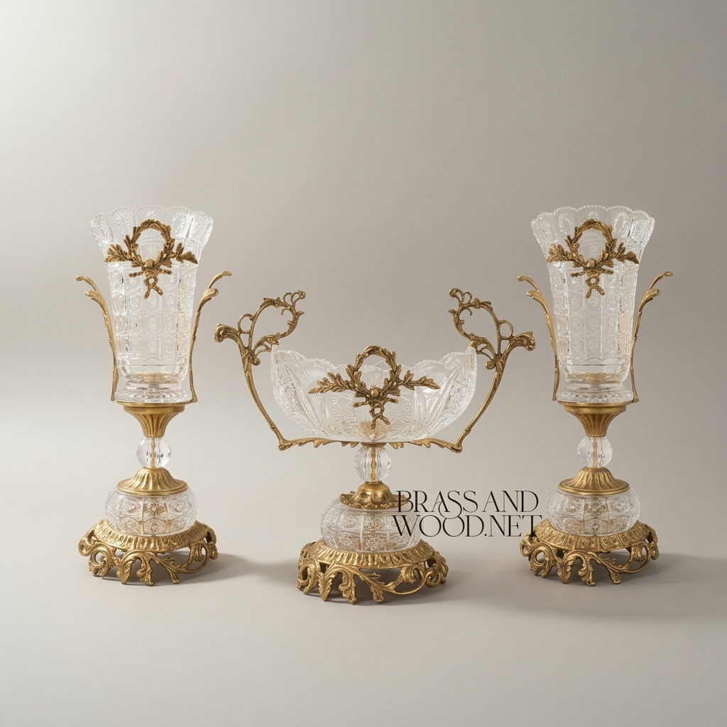Neoclassical Hand-Cut Crystal & Brass 3-Piece Garniture Set with Laurel Wreath Mounts — Antique Gold