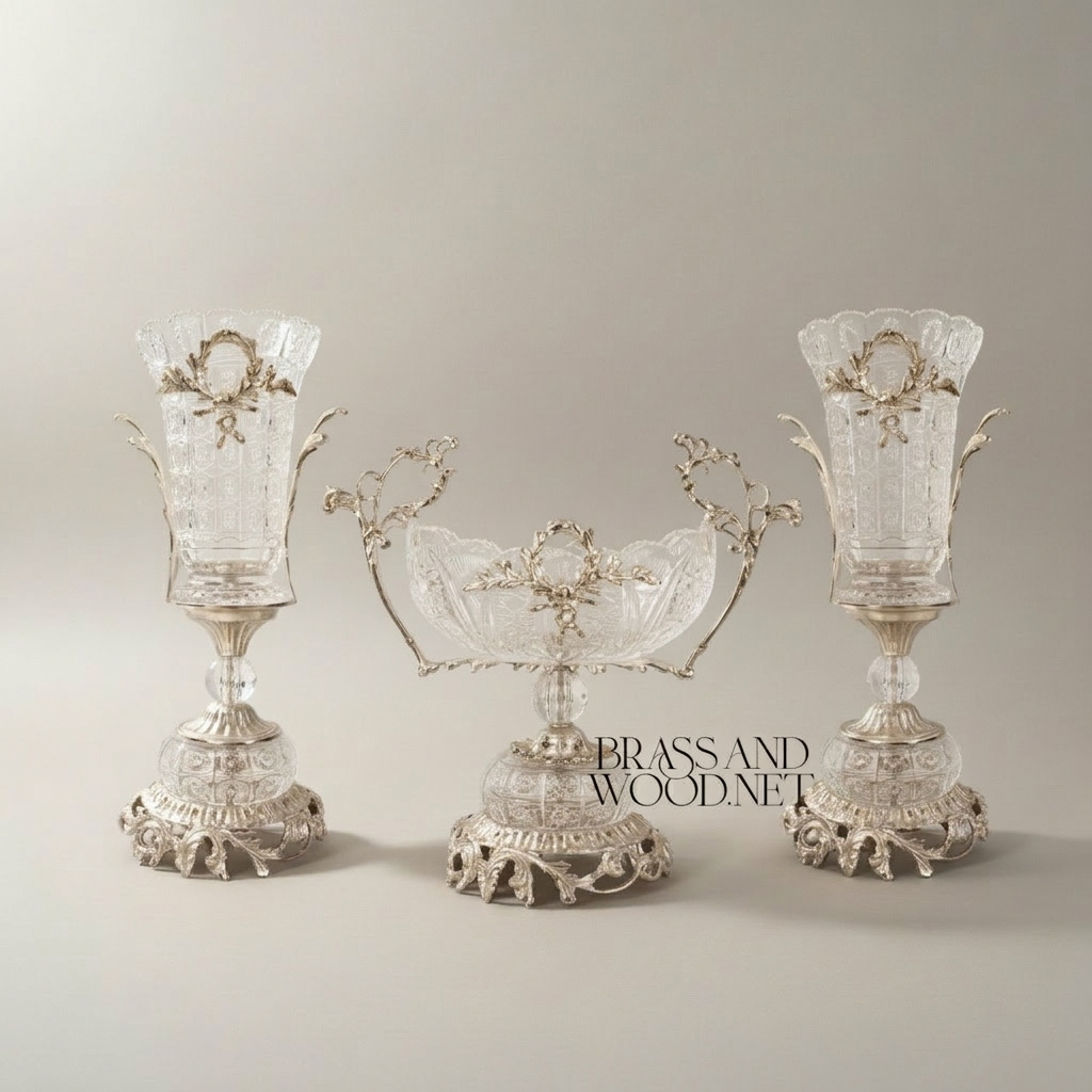 Neoclassical Hand-Cut Crystal & Brass 3-Piece Garniture Set with Laurel Wreath Mounts — Silver