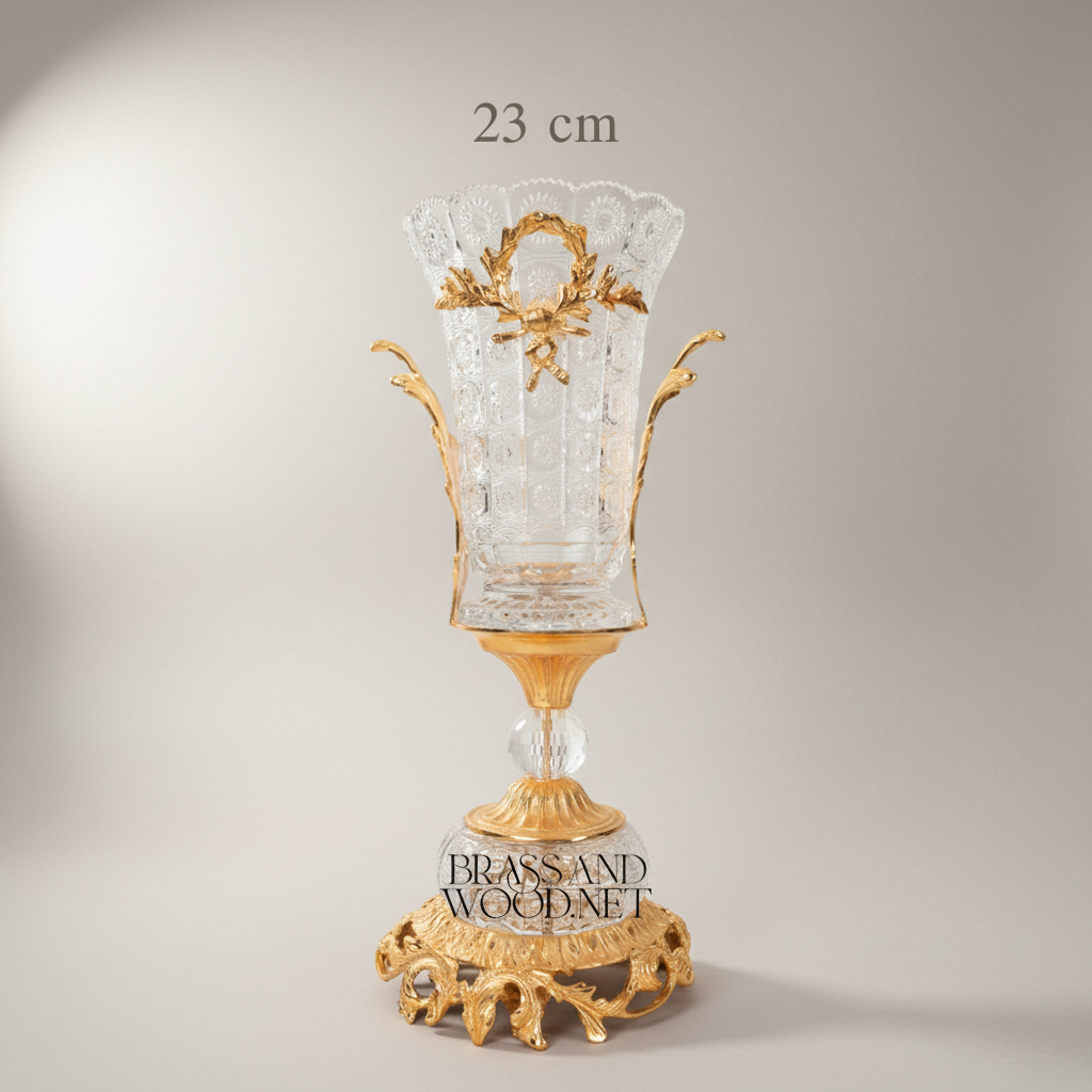 Neoclassical Hand-Cut Crystal & Brass 3-Piece Garniture Set with Laurel Wreath Mounts — Gold
