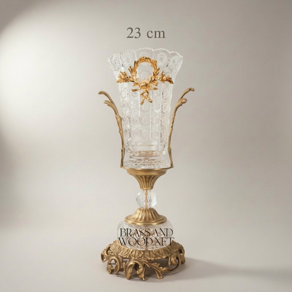 Neoclassical Hand-Cut Crystal & Brass 3-Piece Garniture Set with Laurel Wreath Mounts — Antique Gold