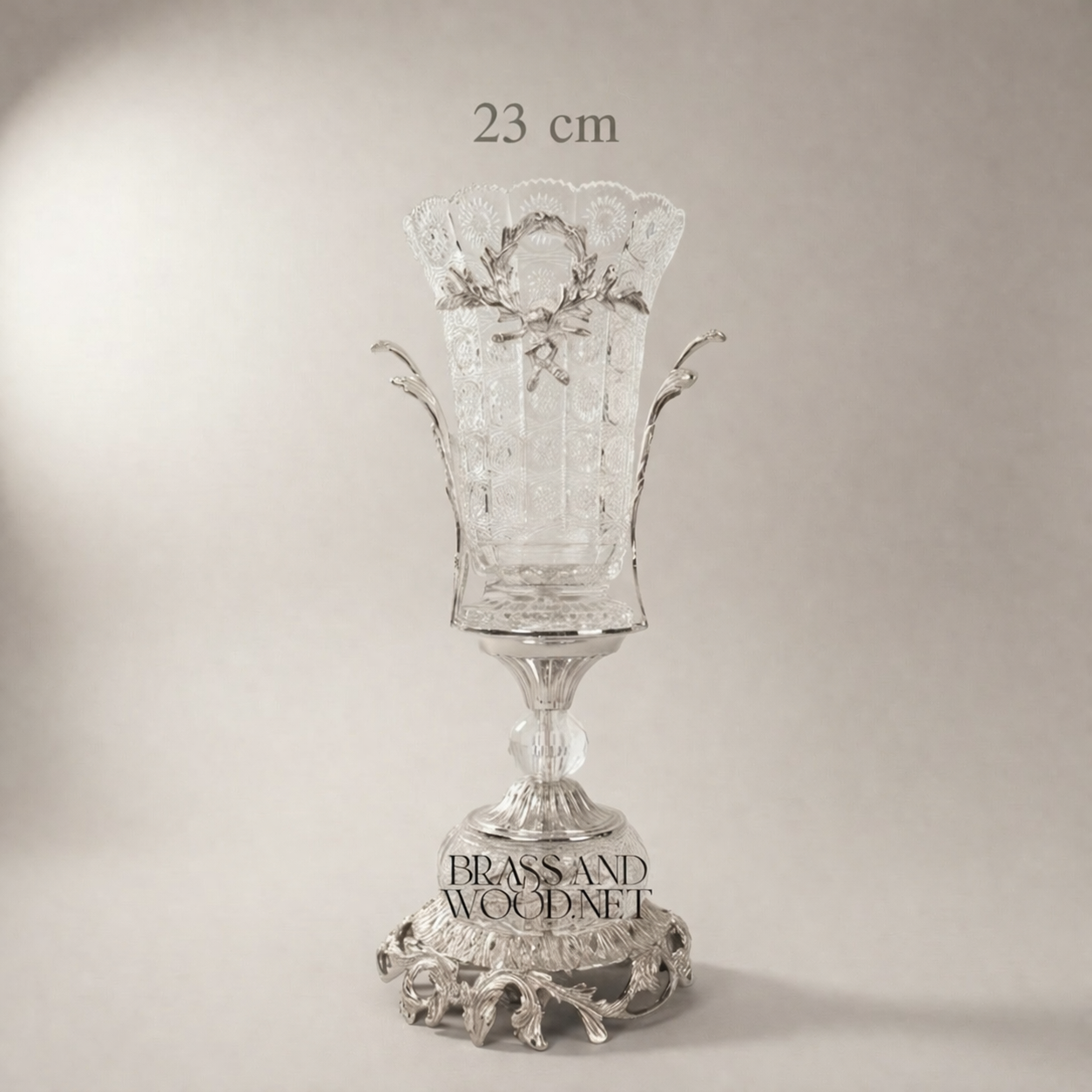 Neoclassical Hand-Cut Crystal & Brass 3-Piece Garniture Set with Laurel Wreath Mounts — Silver