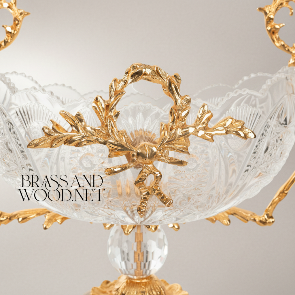 Neoclassical Hand-Cut Crystal & Brass 3-Piece Garniture Set with Laurel Wreath Mounts — Gold