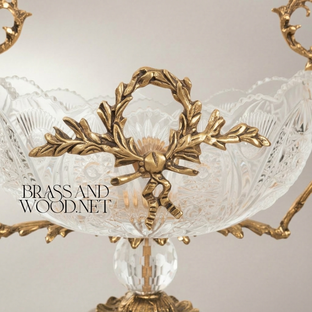 Neoclassical Hand-Cut Crystal & Brass 3-Piece Garniture Set with Laurel Wreath Mounts — Antique Gold