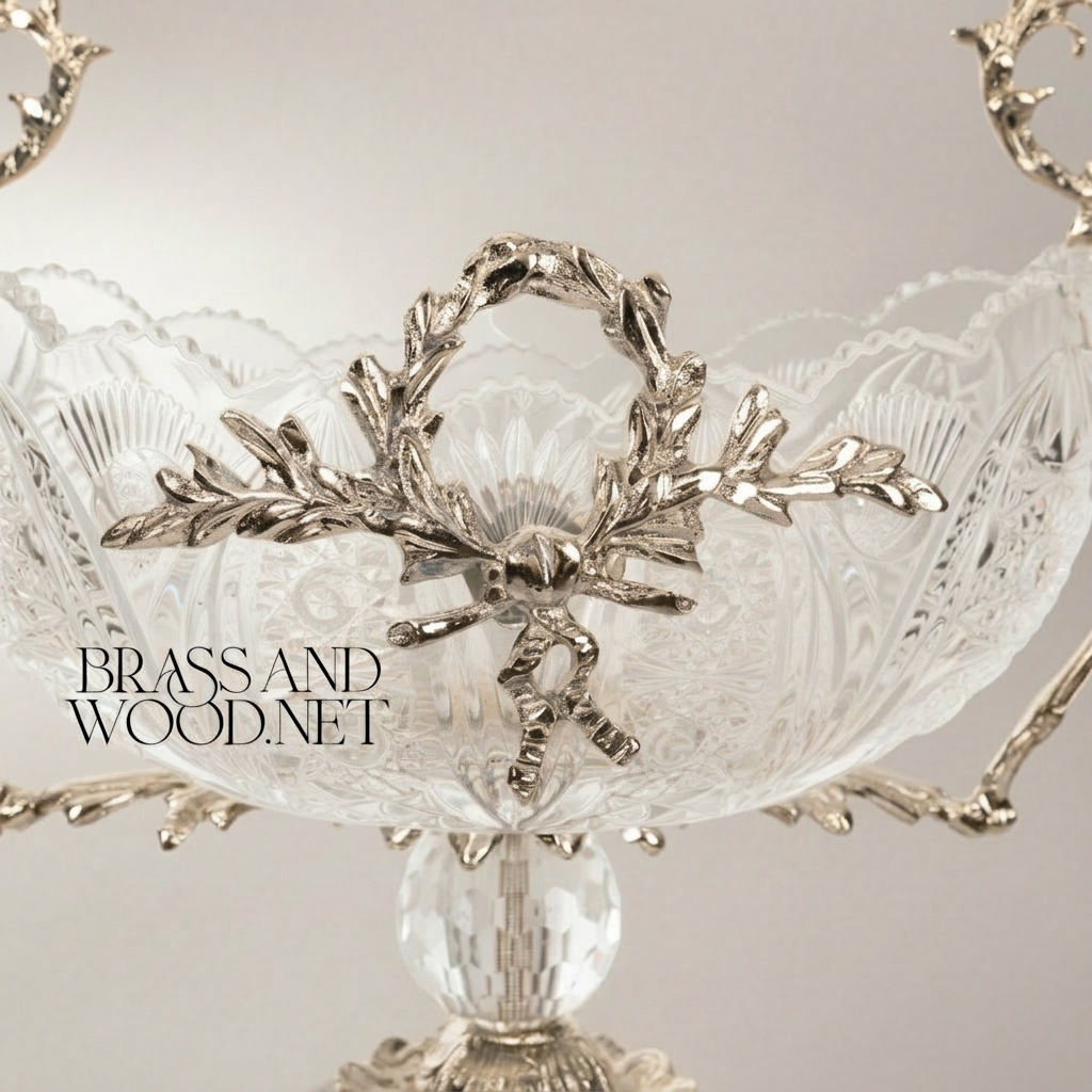 Neoclassical Hand-Cut Crystal & Brass 3-Piece Garniture Set with Laurel Wreath Mounts — Silver