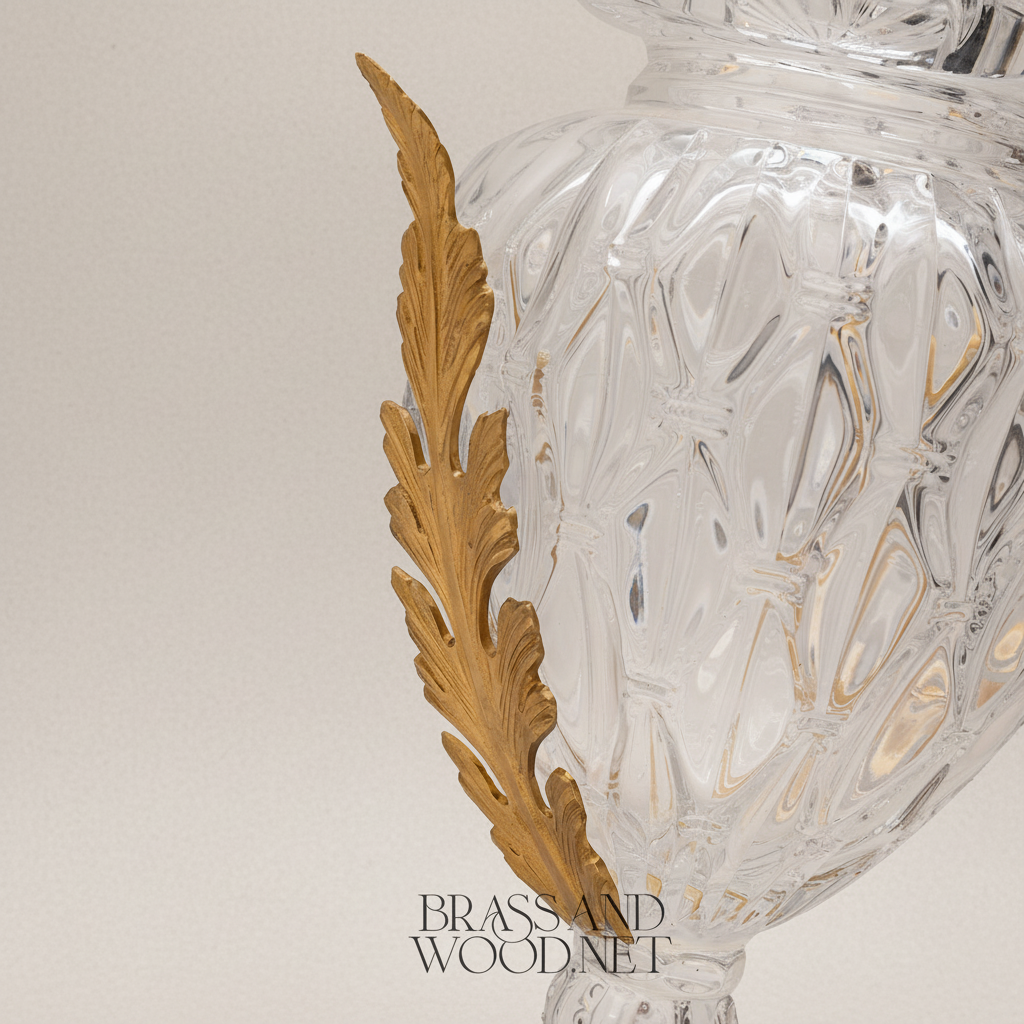 Neoclassical Hand-Cut Crystal Lidded Urn Vase with Ornate Brass Mounts — Antique Gold