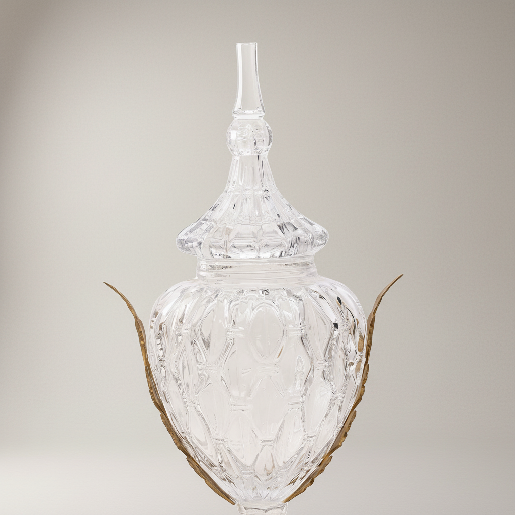 Neoclassical Hand-Cut Crystal Lidded Urn Vase with Ornate Brass Mounts — Antique Gold