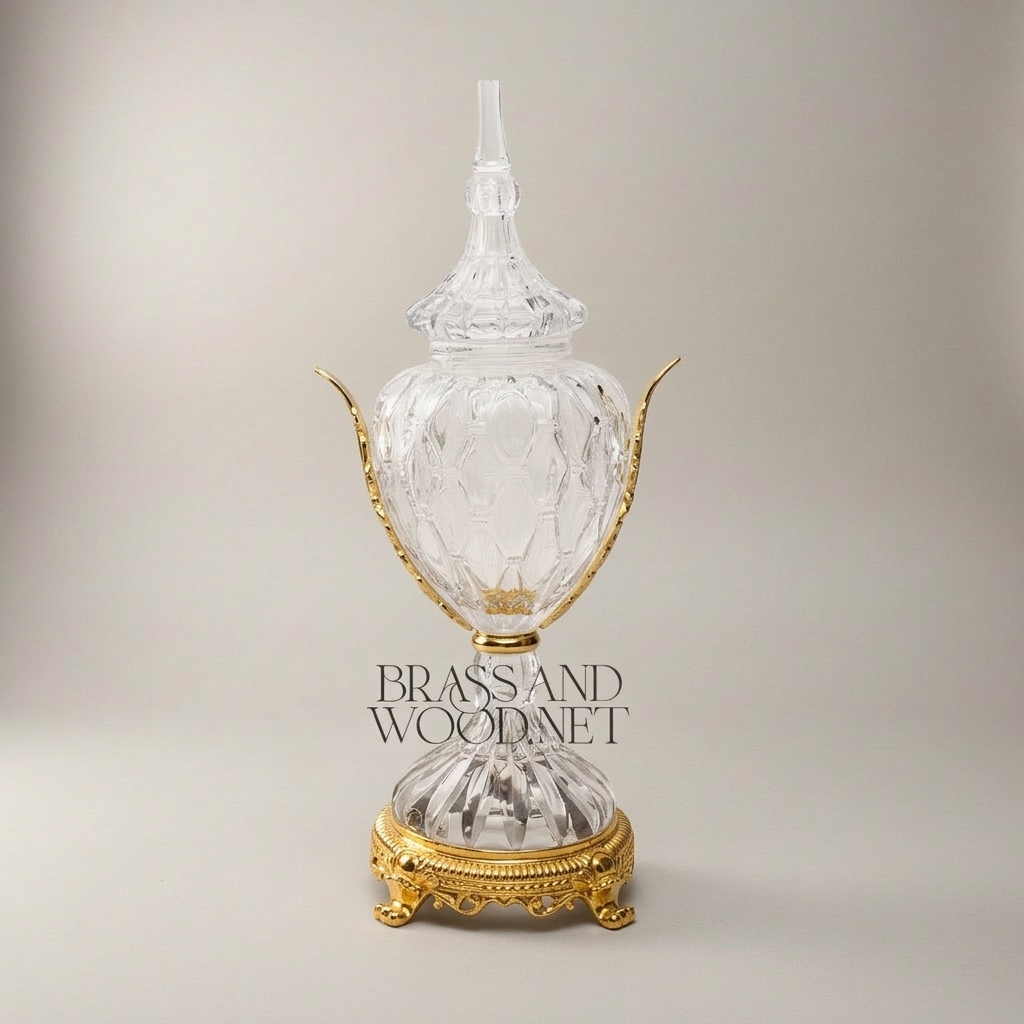 Neoclassical Hand-Cut Crystal Lidded Urn Vase with Ornate Brass Mounts — Gold