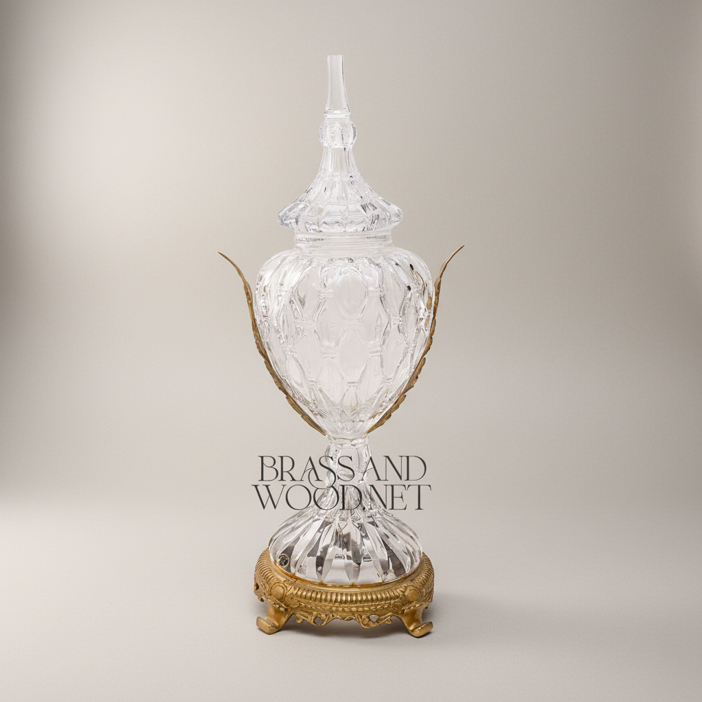 Neoclassical Hand-Cut Crystal Lidded Urn Vase with Ornate Brass Mounts — Antique Gold