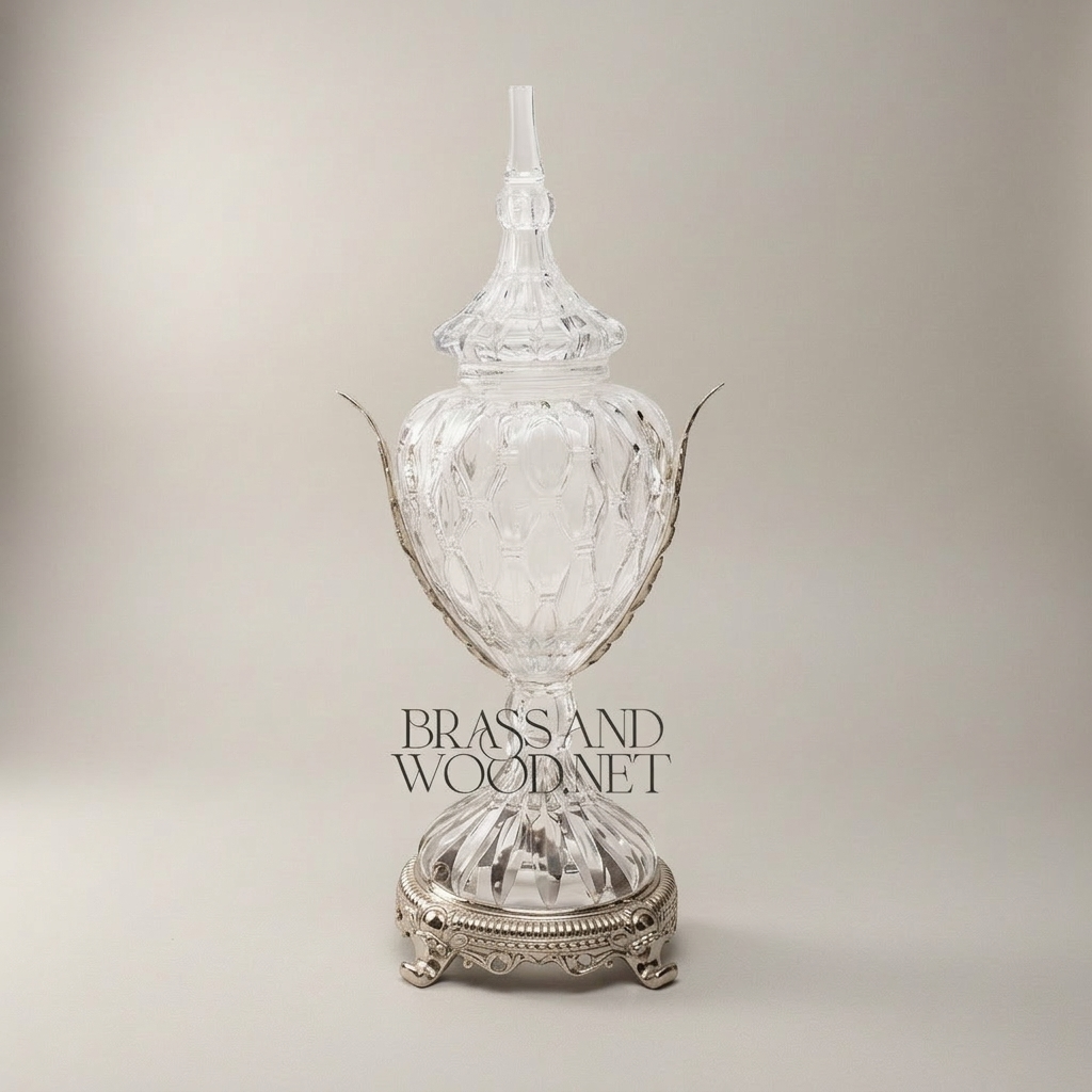 Neoclassical Hand-Cut Crystal Lidded Urn Vase with Ornate Brass Mounts — Silver