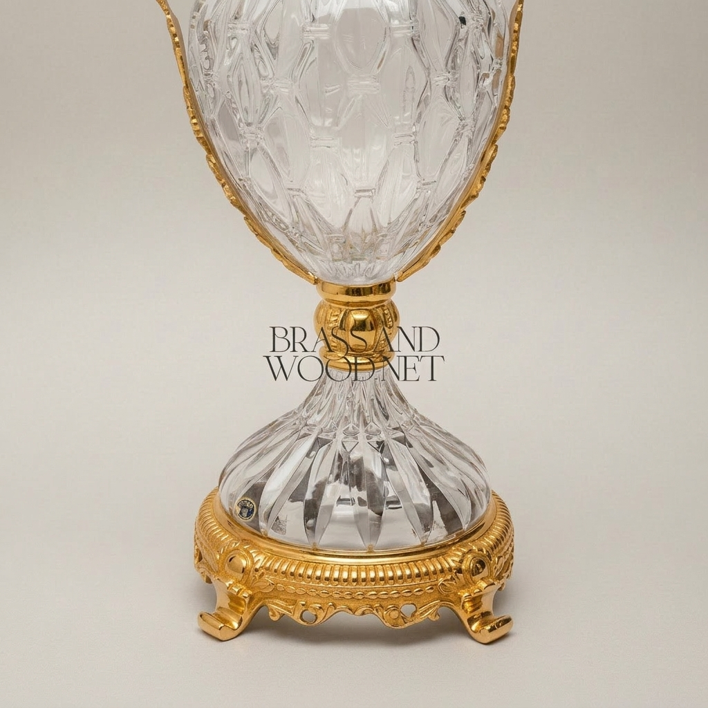 Neoclassical Hand-Cut Crystal Lidded Urn Vase with Ornate Brass Mounts