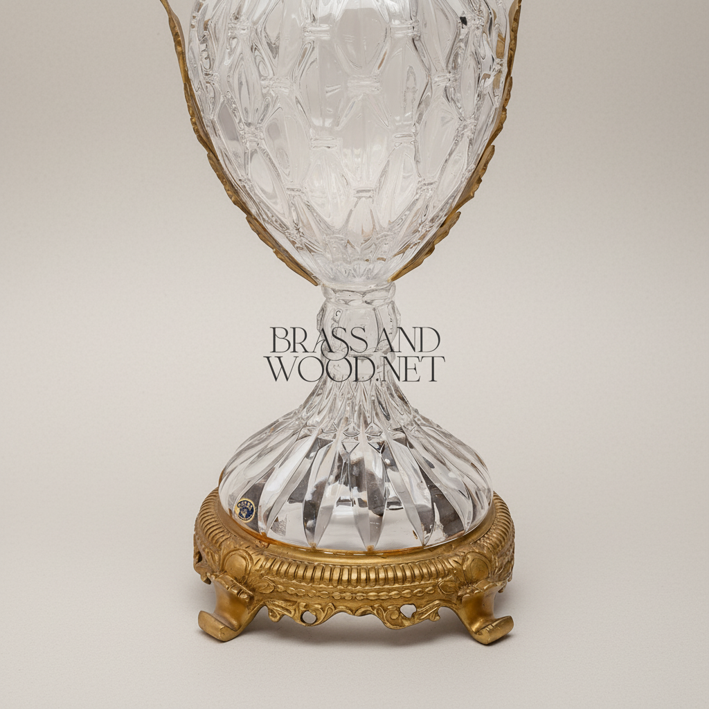 Neoclassical Hand-Cut Crystal Lidded Urn Vase with Ornate Brass Mounts — Antique Gold