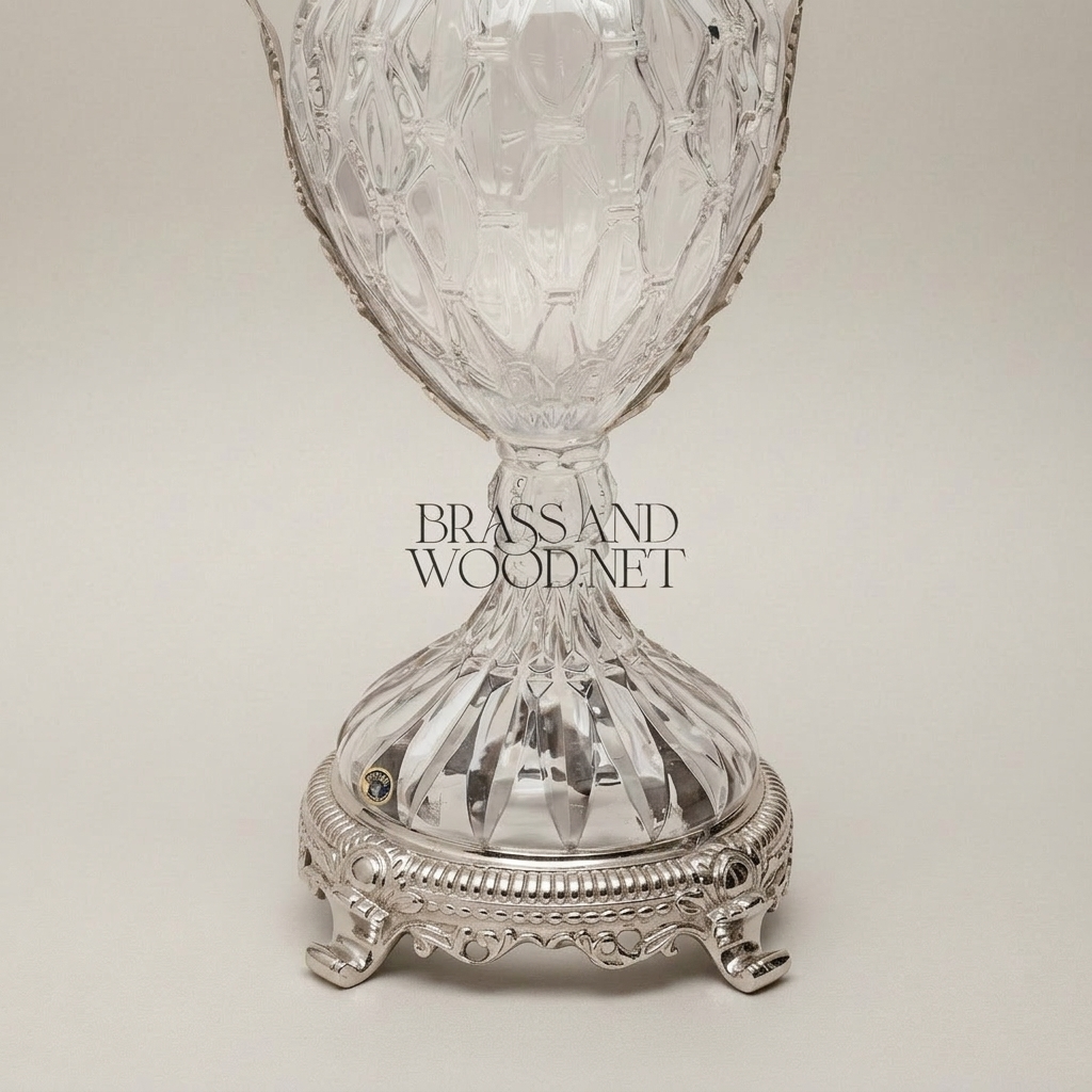 Neoclassical Hand-Cut Crystal Lidded Urn Vase with Ornate Brass Mounts — Silver