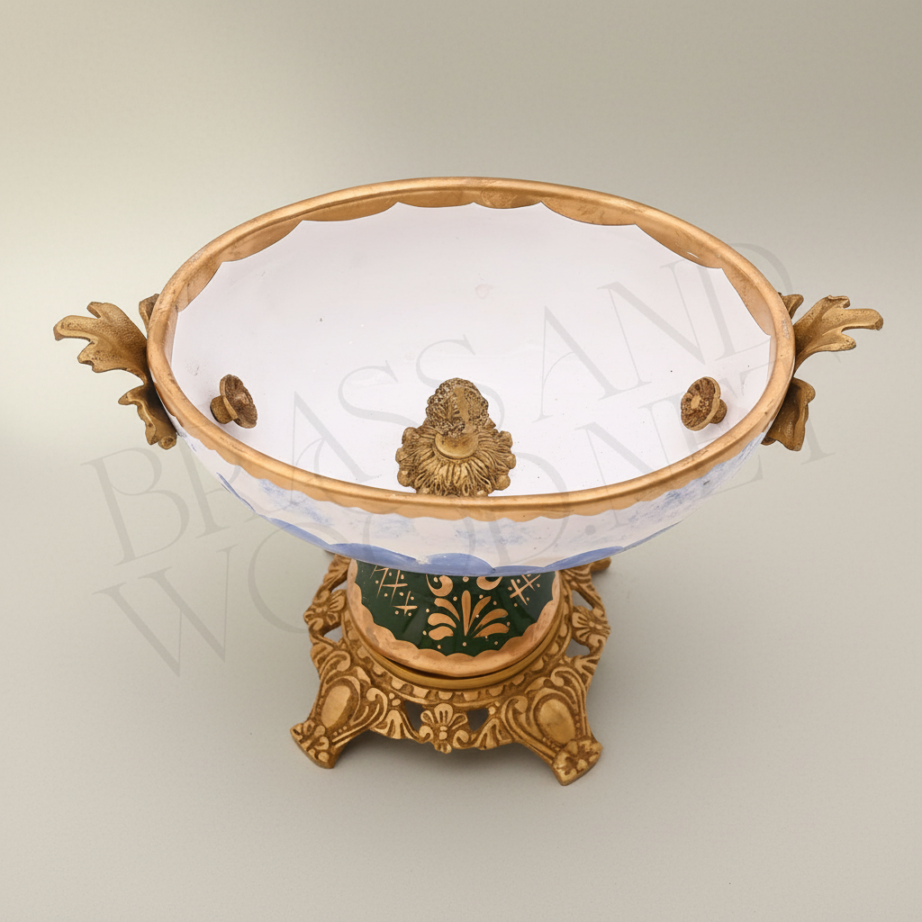 Neoclassical Hand-Painted Ceramic Lidded Urn Vase with Landscape Medallion & Brass Mounts — Antique Gold