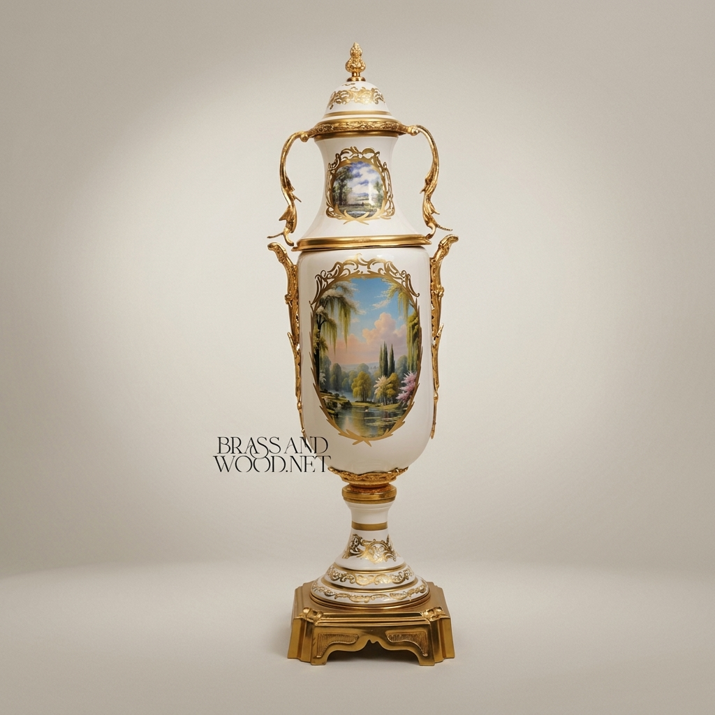 Neoclassical Hand-Painted Ceramic Lidded Urn Vase with Brass Mounts — Landscape & Floral Medallion