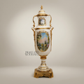 Neoclassical Hand-Painted Ceramic Lidded Urn Vase with Brass Mounts — Landscape & Floral Medallion — Gold