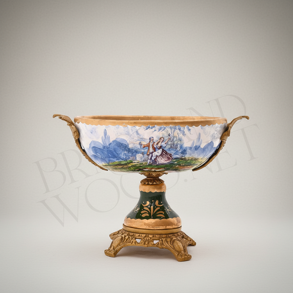 Neoclassical Hand-Painted Ceramic Lidded Urn Vase with Landscape Medallion & Brass Mounts — Antique Gold