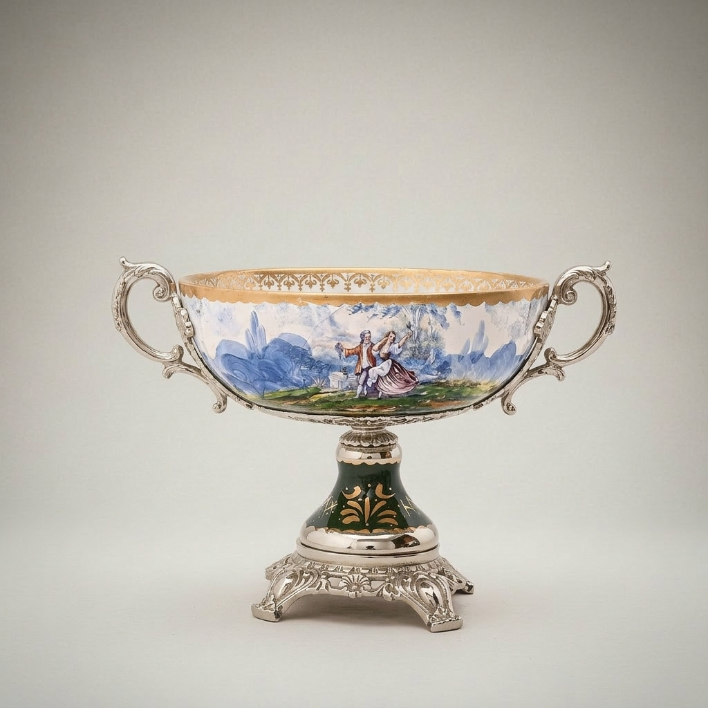 Neoclassical Hand-Painted Ceramic Lidded Urn Vase with Landscape Medallion & Brass Mounts — Silver
