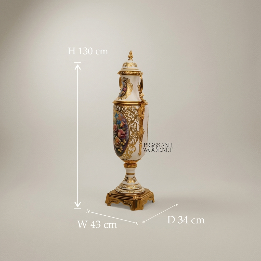 Neoclassical Hand-Painted Ceramic Lidded Urn Vase with Brass Mounts — Landscape & Floral Medallion