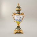Neoclassical Hand-Painted Ceramic Lidded Urn Vase with Landscape Medallion & Brass Mounts — Gold