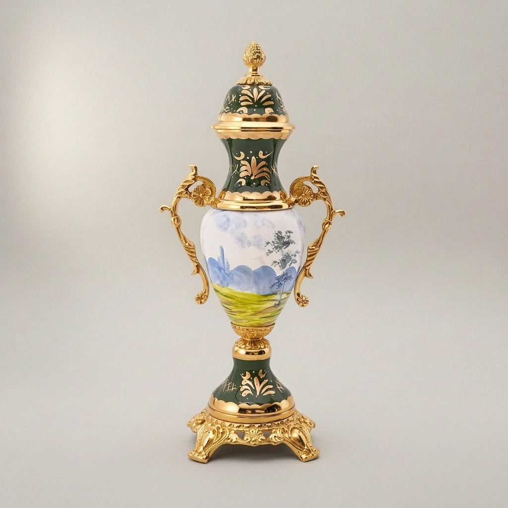 Neoclassical Hand-Painted Ceramic Lidded Urn Vase with Landscape Medallion & Brass Mounts — Gold
