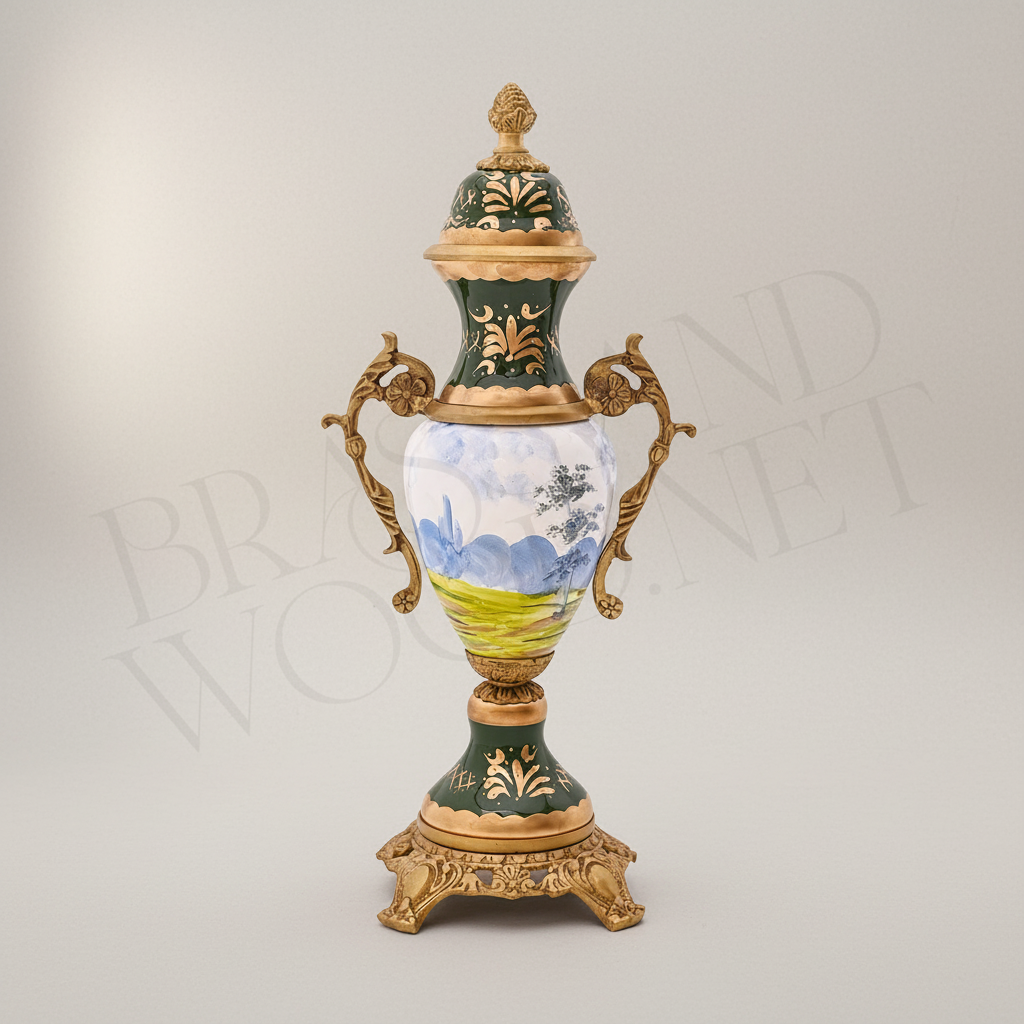 Neoclassical Hand-Painted Ceramic Lidded Urn Vase with Landscape Medallion & Brass Mounts — Antique Gold