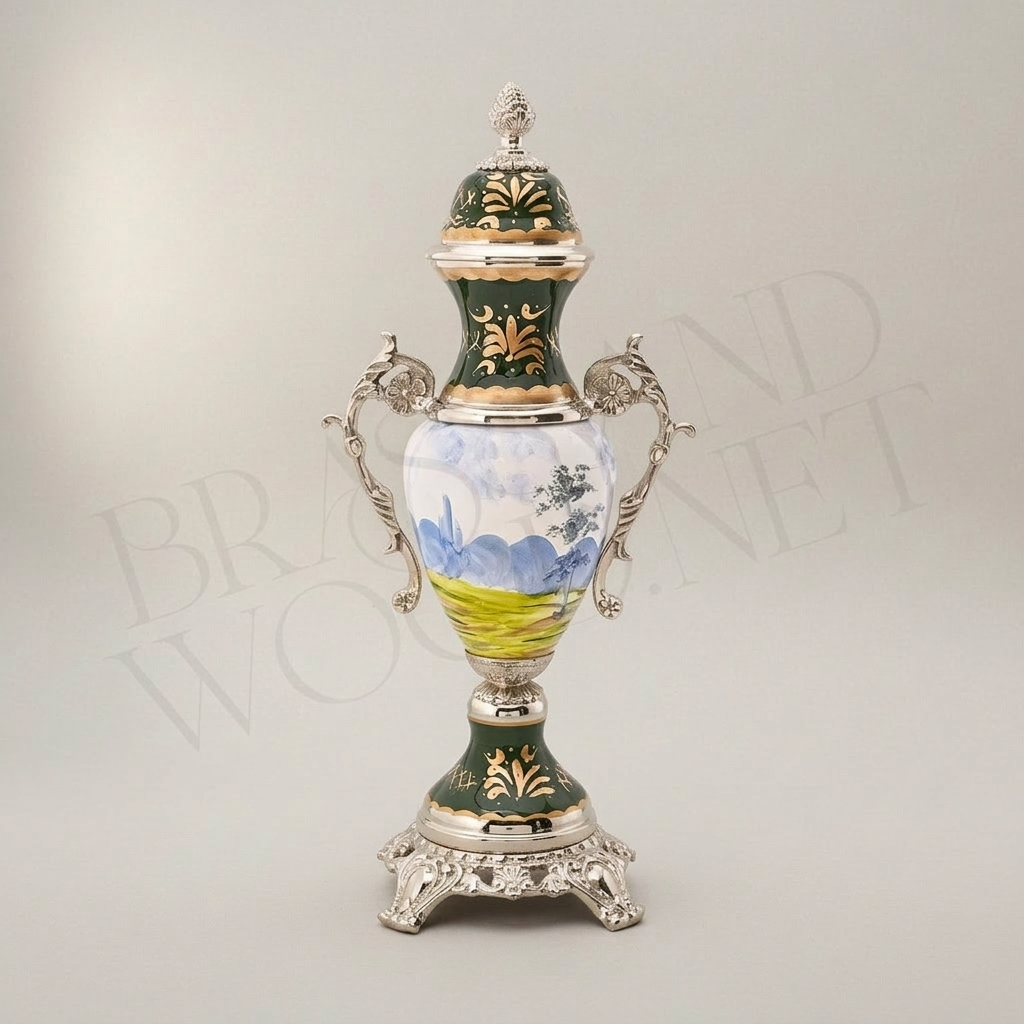 Neoclassical Hand-Painted Ceramic Lidded Urn Vase with Landscape Medallion & Brass Mounts — Silver
