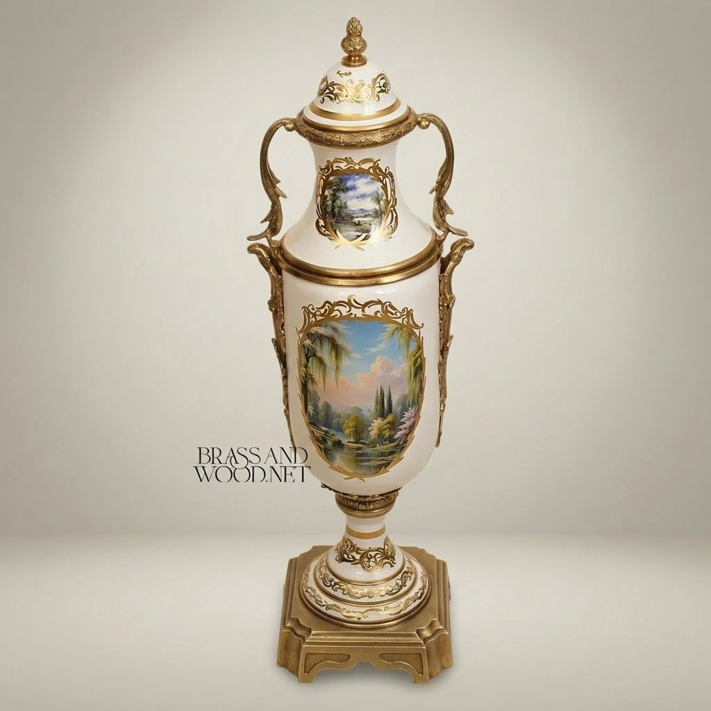 Neoclassical Hand-Painted Ceramic Lidded Urn Vase with Brass Mounts — Landscape & Floral Medallion — Antique Gold